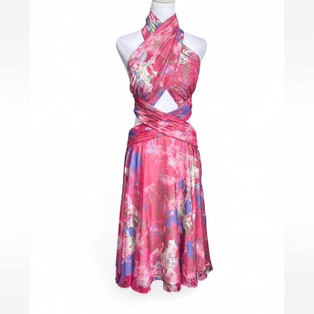 Esteban Cortazar watercolor print cross halter neck dress